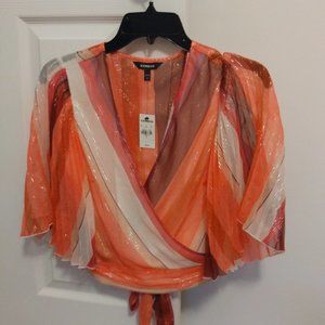 Express Orange and White Metallic Stripe Wrap Top